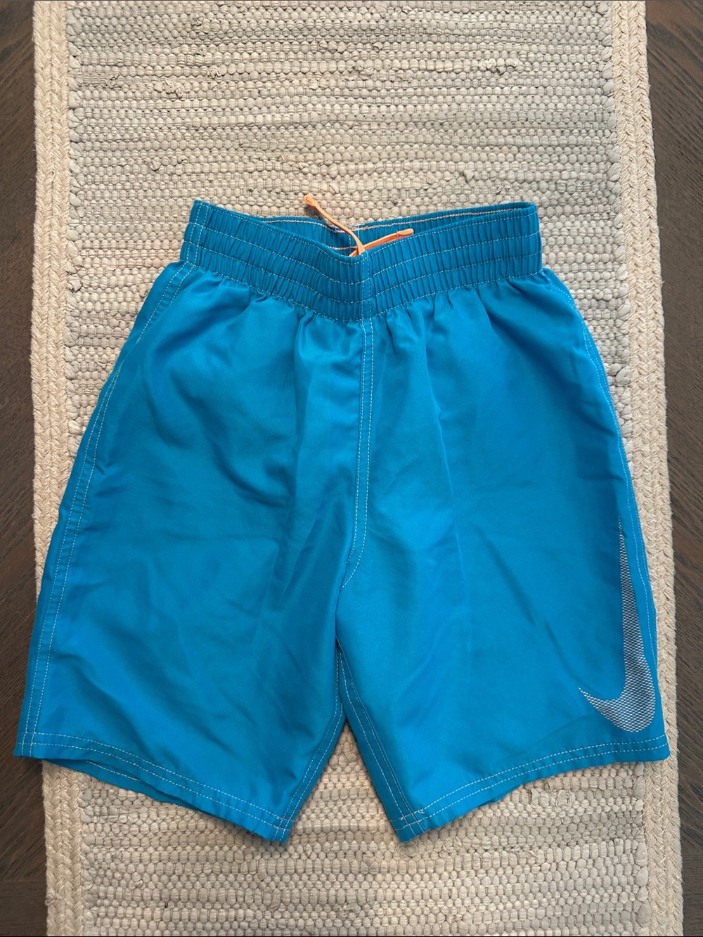 Nike Teal Blue Athletic Swim Shorts with Orange Drawstring